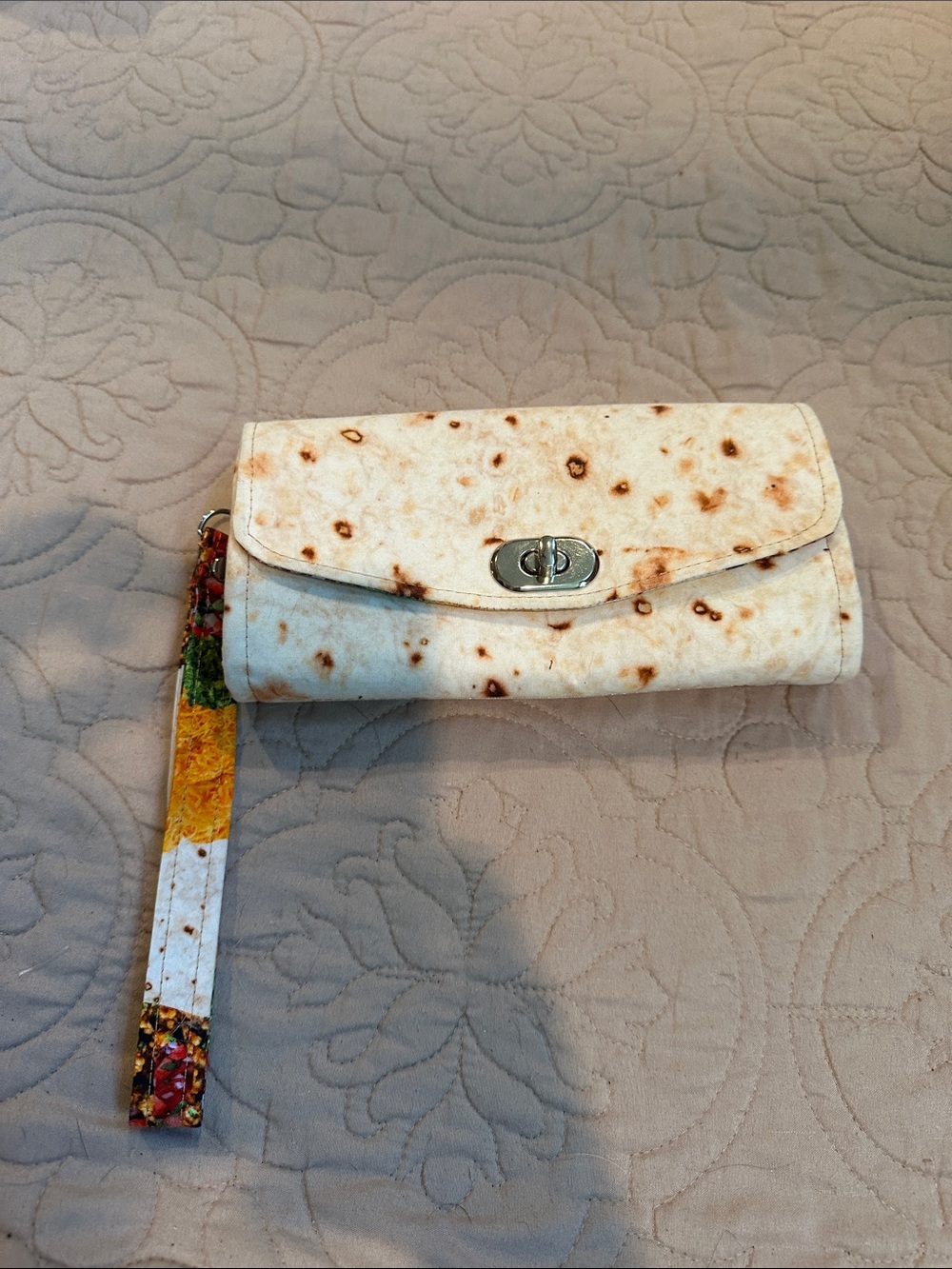 Cream Printed tortilla handmade Wristlet Clutch with Turn-Lock Closure